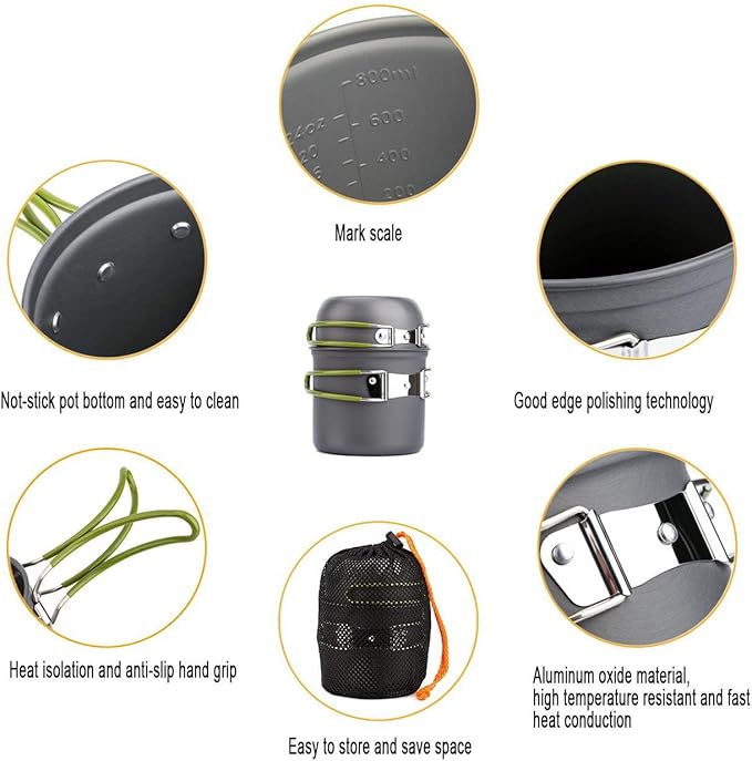 Peidesi Camping Cookware Mess Kit, Portable Camp Stove Pots and Pans Set, Carabiner, Folding Knife, Fork Spoon Kit, Carry Mesh Bag, for Backpacking - Image 3