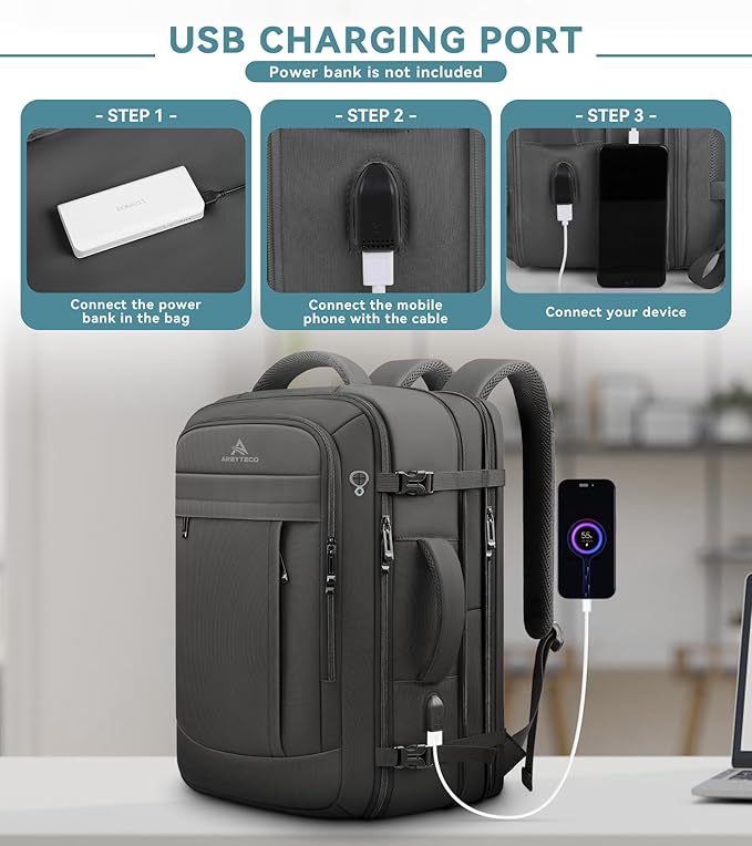 Travel Backpack, 50L Expandable Extra Large Laptop Backpack, Carry On Backpack Airline Approved Water Resistant Business Suitcase Daypack Bag Fits 17 Inch Laptops, Travel Gifts for Men Women, Black - Image 4