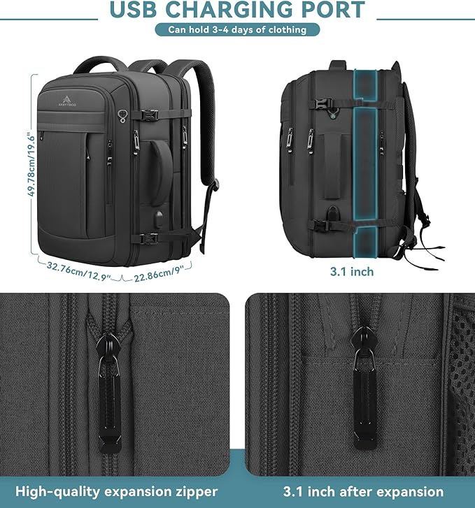 Travel Backpack, 50L Expandable Extra Large Laptop Backpack, Carry On Backpack Airline Approved Water Resistant Business Suitcase Daypack Bag Fits 17 Inch Laptops, Travel Gifts for Men Women, Black - Image 2